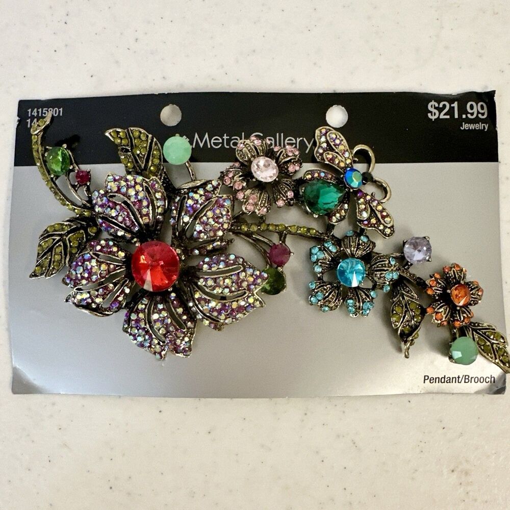 Multi-Colored Flower & Rhinestone Brooch 6x3 inches # 1415801 Aqua Red Pink Blue